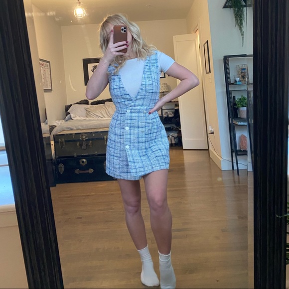 blue plaid pinafore dress